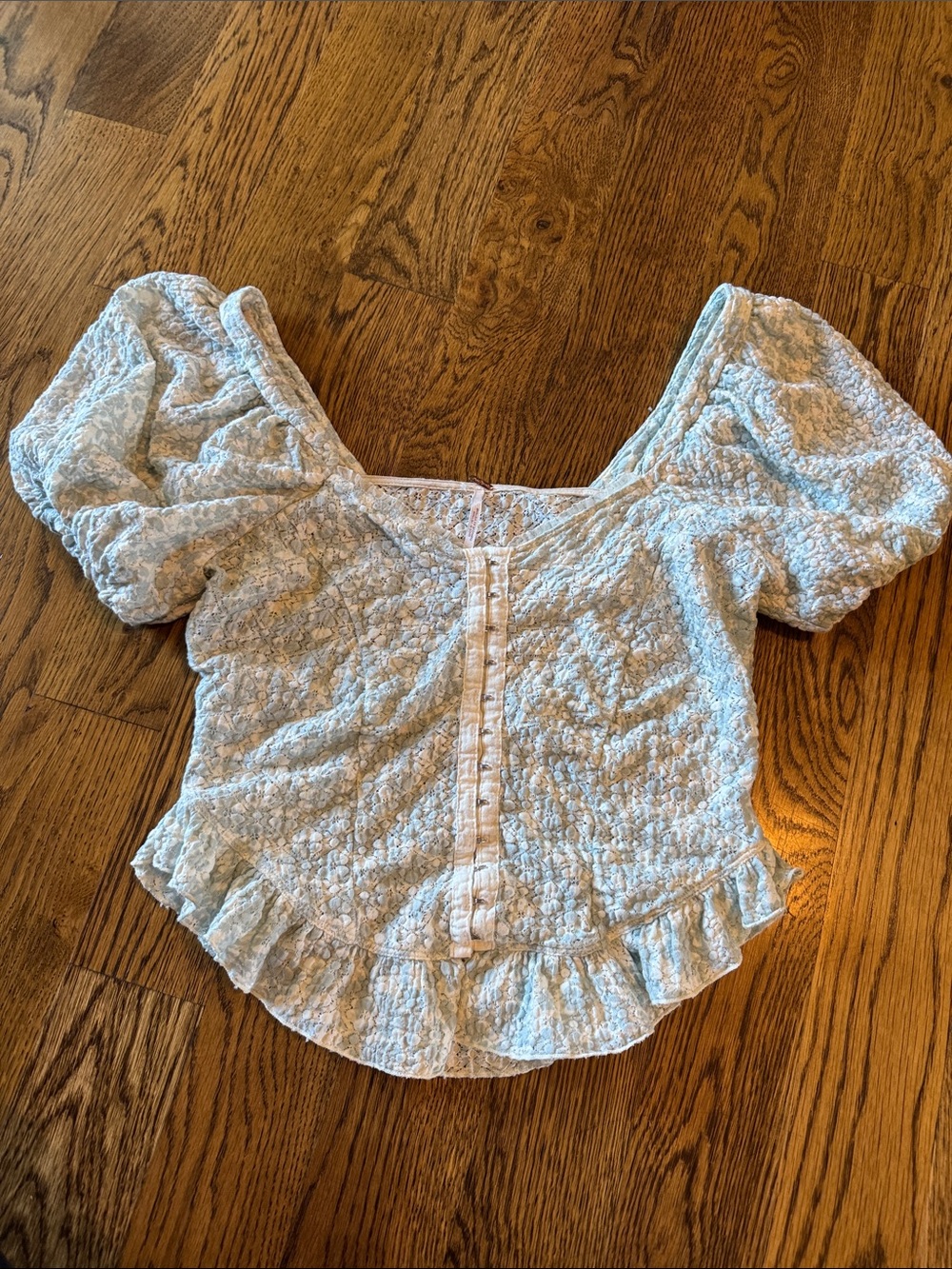 Free People Baby Blue Puff-Sleeve Ruffle Peasant Top